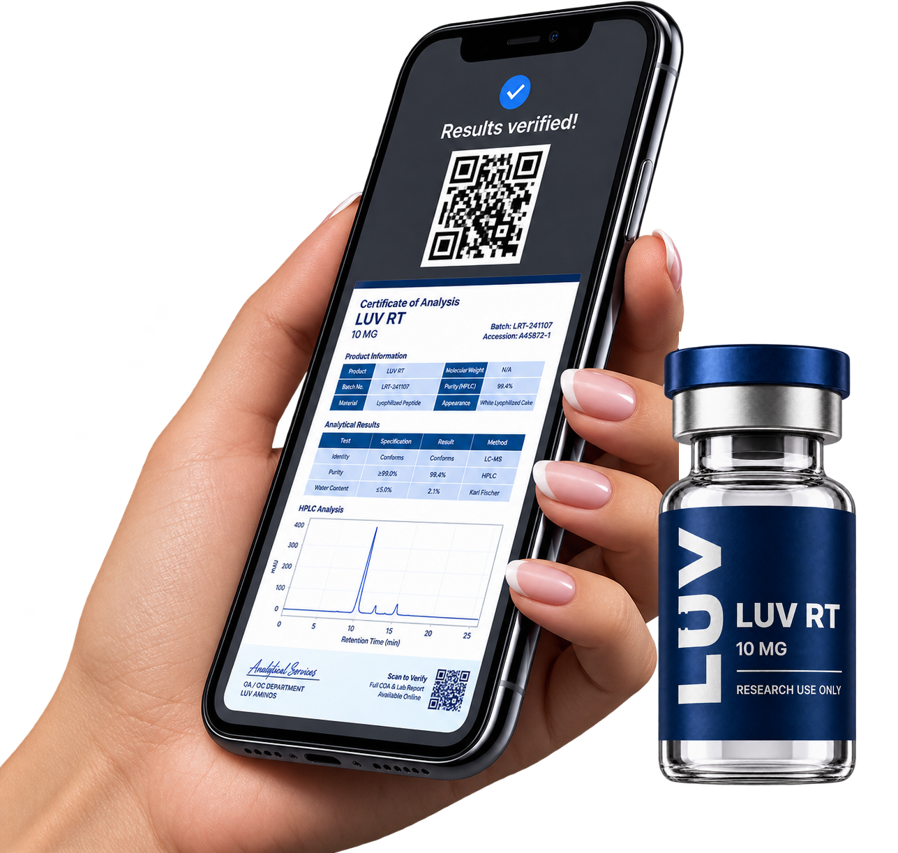 A phone showing a vial's lab report after scanning its QR code